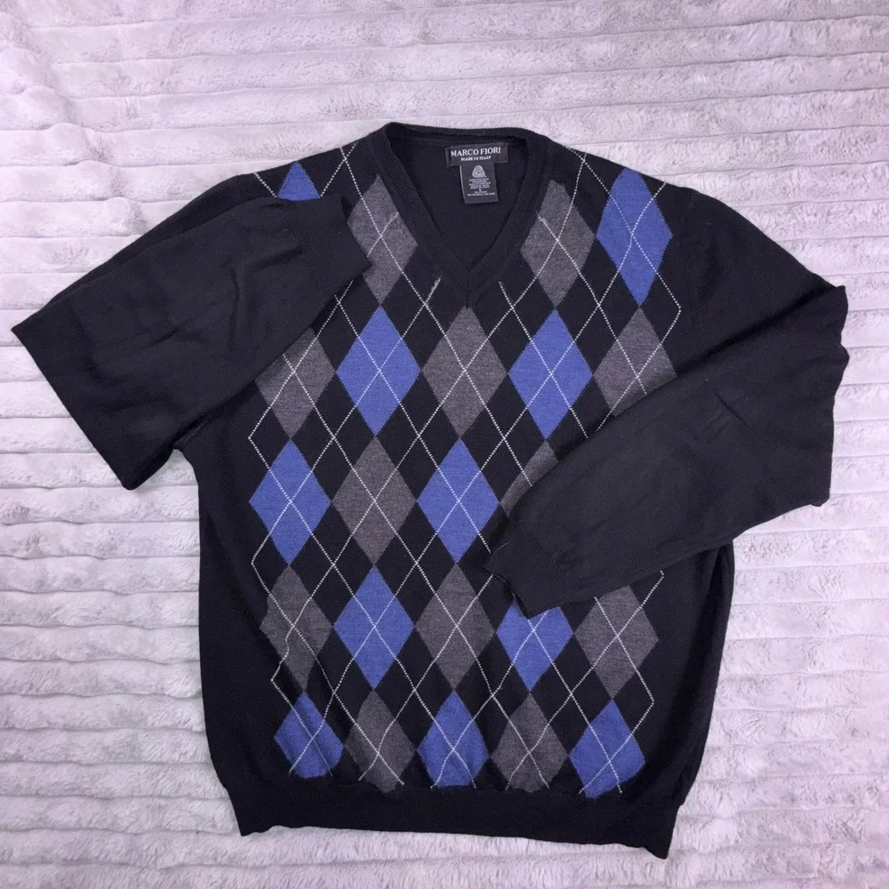 Marco Fiori Argyle V Neck Sweater Mens‎ Large Merino Wool Blue Black Made Italy